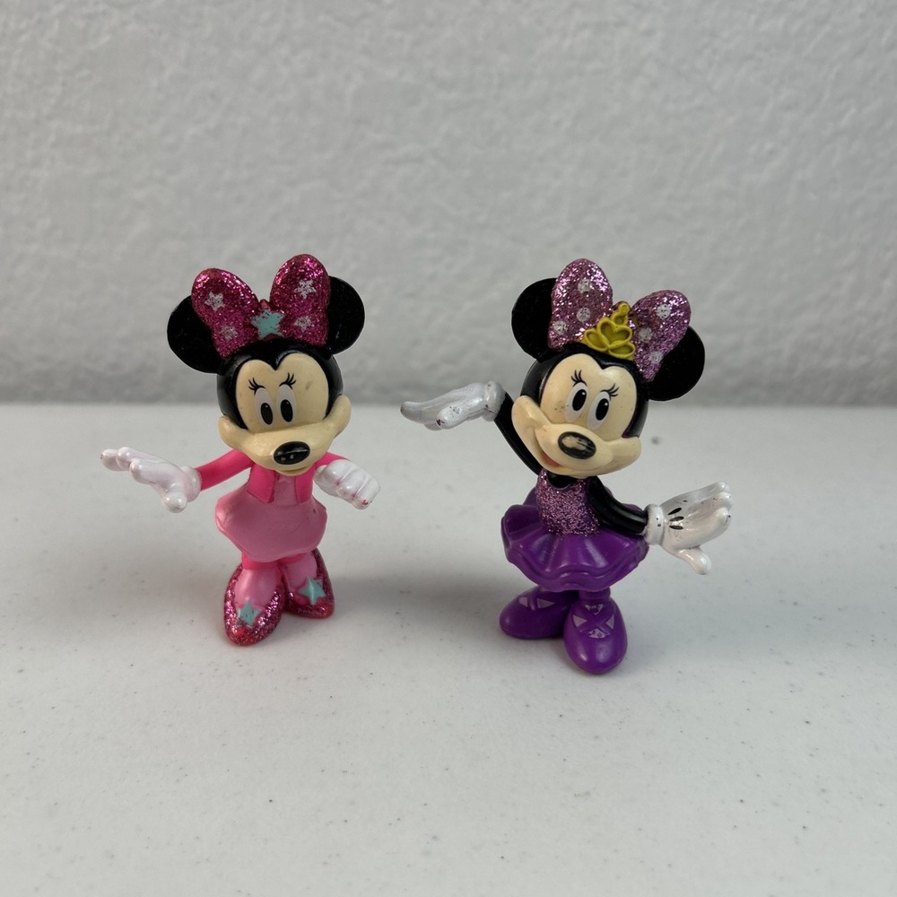Lot of 2 Disney Junior Purple Glitter Minnie Mouse & Pink Polka Dot Figurines